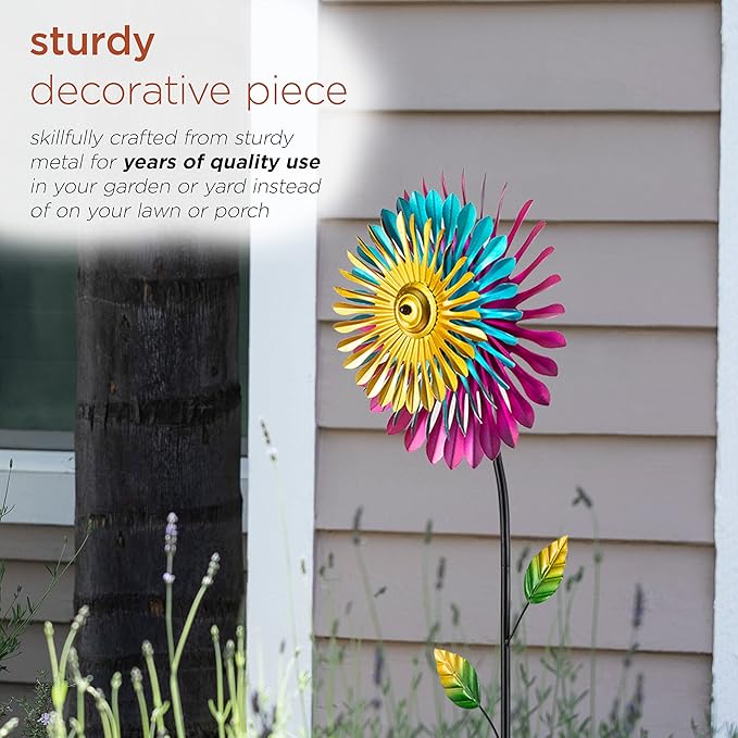 Alpine Corporation 47" Tall Outdoor Metal Windmill Triple Spinner Garden Stake Yard Decoration, Daisy