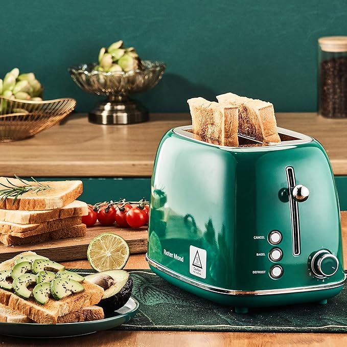 Roter Mond 2 Slice Toaster Retro Stainless Steel with Bagel, Cancel, and Defrost Functions, 6 Bread Shade Settings, Extra Wide Slots and Removable Crumb Tray, Green