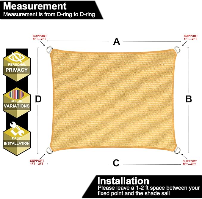 9' x 16' Yellow Outdoor Sun Shade Sail Canopy ??UV Resistant Permeable Awning Fabric for Patio, Garden, Backyard, Pergola, Carport, Lawn Shelter Cover
