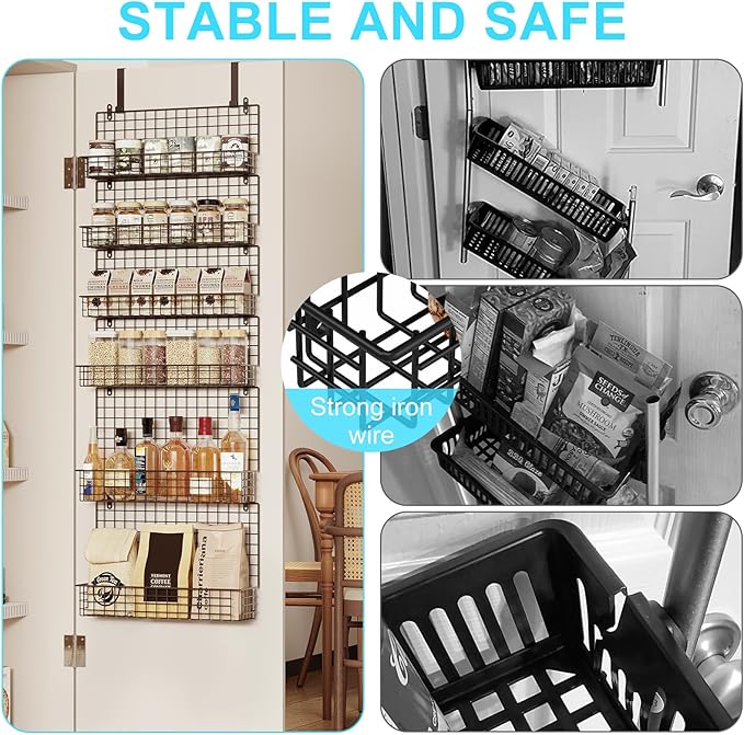 JKsmart High Capacity 6-Tier Spice Rack Organizer with Door Hook, Wall-Mounted & Over-the-Door for Kitchen Pantry Cabinet - Black