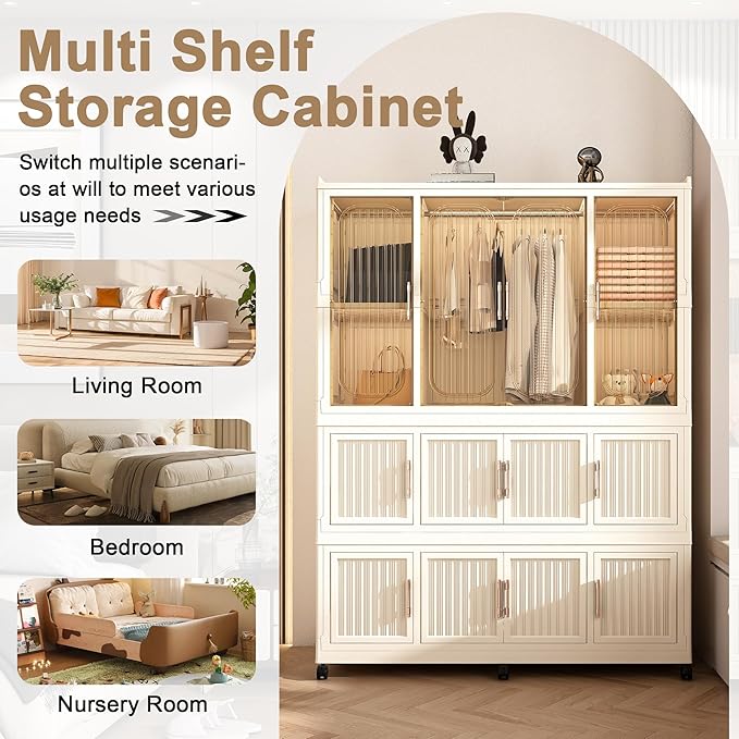 Portable Wardrobe Closet Storage Organizer, Plastic Collapsible Closet Organizer with Transparent Magnetic Door, for Bedroom Living Room,Easy Assemble,12 Cubes & 1 Hanging Rod