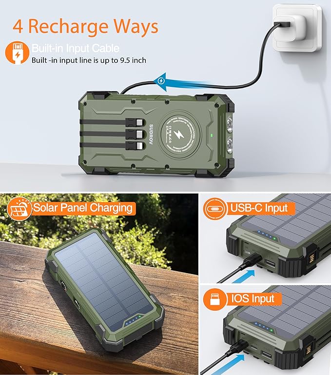 Army Green Solar Power Bank 42800mAh, 15W Wireless Portable Charger with Built-in Cables, 5 Outputs & 3 Inputs, Outdoor Battery Pack with LED Flashlight, Fast Charging for iPhone, Samsung, iPad
