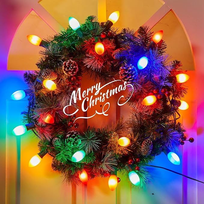 Vintage C9 LED Christmas Lights Outdoor Multicolor, 50 Feet C9 String Lights for Christmas Tree Roofline Holiday Party Indoor Outdoor Garden Patio Backyard Cafe Xmas Decoration, Green Wire