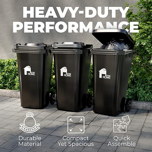 EconoHome Outdoor Garbage Can with Lid - 32 Gallon Trash Can for Backyard, Deck, Garage - Dual Wheels, Extra Heavy-Duty, Durable Handle - Versatile Home & Commercial Storage Container - Black, 2-Pack