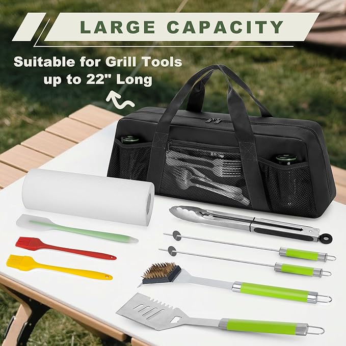 Grill Tool Storage Bag, Outdoor BBQ Utensil Holder for Barbecue Tool up to 20", Large Grill Utensil Storage Caddy with Pockets, BBQ Accessories Case Container for Camping, Bag Only, Black