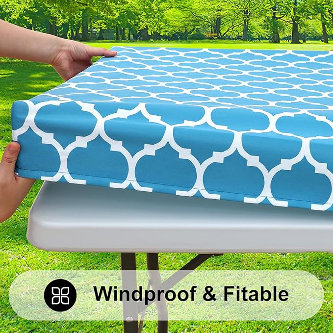 Smiry Rectangle Picnic Table Cover, Waterproof Elastic Fitted Camping Tablecloths for 4 Foot Tables, Wipeable Flannel Backed Vinyl Tablecloth Protector for Indoor, Outdoor (Light Blue, 24x48 Inches)