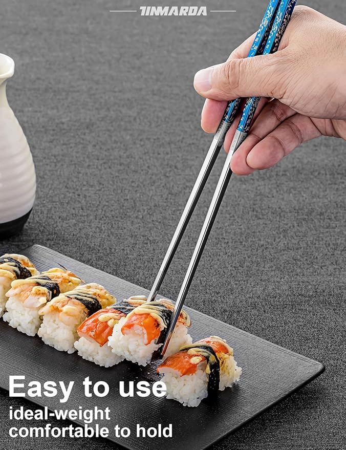 Metal Chopsticks Reusable, 3 Pairs Non-Slip Chop Sticks Reusable Dishwasher Safe, Titanium Plated Stainless Steel Chopsticks Present Set (Blue Silver)