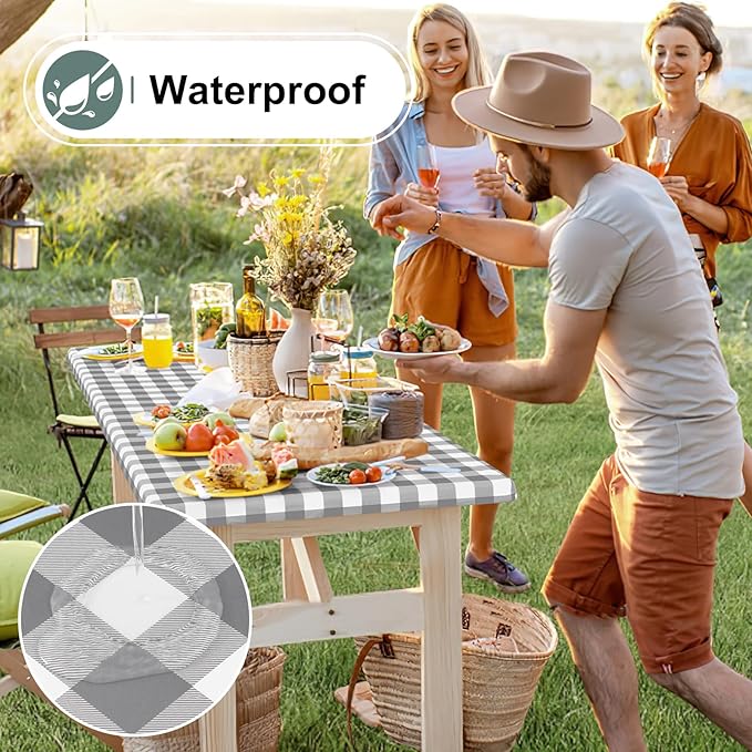 misaya Buffalo Rectangle Picnic Tablecloth, 8 Foot Elastic Fitted Vinyl Table Cloth with Flannel Backing, Waterproof Plaid Table Covers for Dining, Camping, Outdoor (Grey and White, 30" x 96")