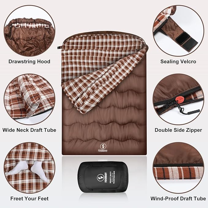 0 Degree Flannel Double Sleeping Bag for Adults, Couples or Family - Winter Queen Size Waterproof & Warm 2-Person Sleeping Bag for Cold Weather Camping, RV Travel