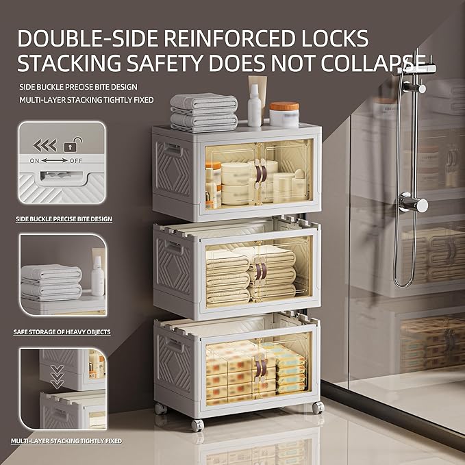 200 QT / 50 Gal White Storage Bins with 1 Lid - Collapsible Stackable Cabinet Organizer w/Wheels & Magnetic Doors, Plastic Storage Box for Office Closet Organization