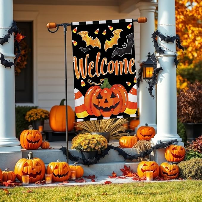 Welcome Halloween Garden Flag 12X18 Inch Double Side,Pumpkin Jack O Lantern Yard flag,Bat Outside Small Garden Flag Decorative,Outdoor Flag for Holiday Patio Courtyard Lawn