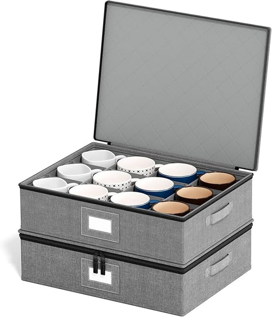 SpaceAid Cup and Mug Storage Organizer 2 Pack, China Storage Containers, Hard Shell Quilted Cases with Soft Plate Separators, Moving Supplies Packing Boxes for 24 Tea Cups or Coffee Mugs (Grey)
