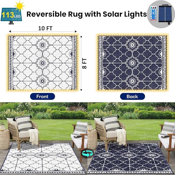8x10Ft Outdoor Rug, Solar Powered Outdoor Rug with 113LEDs Strip Lights, Waterproof Plastic Reversible Outdoor Straw Rugs, Rugs Mat for House Deck RV Camping Patio Beach Balcony Picnic (Blue White)