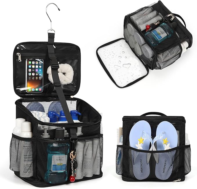 CUBETASTIC Shower Caddy Portable Mesh Shower Tote for Bathroom, Gym, Travel, Camping - Quick Dry Hanging Organizer Toiletry Bag with Handle for College Dorm Room, Men & Women (A# Black, 9.8")