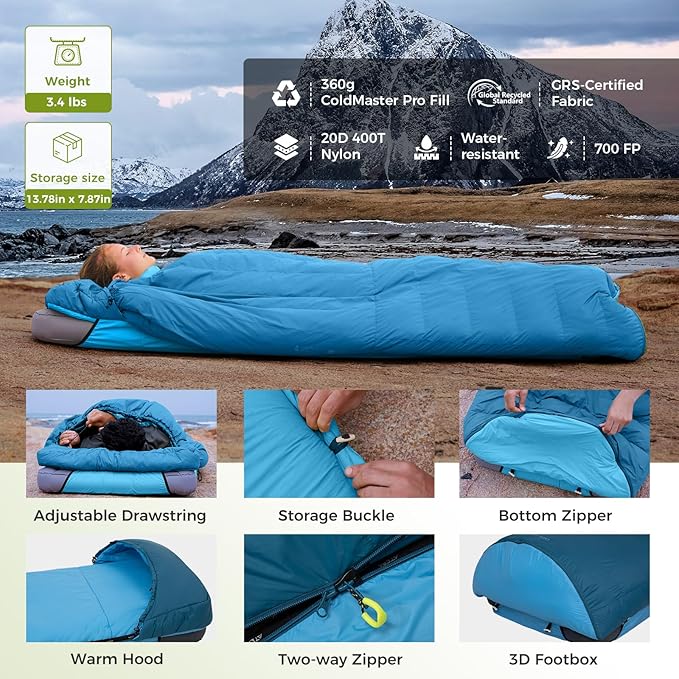ATEPA Down Sleeping Bag, Recycled 650FP 4 Season Summer & Winter Compact Rectangle Lightweight Waterproof Wearable Sleeping Bag with Compression Sack for Camping Backpacking Hiking