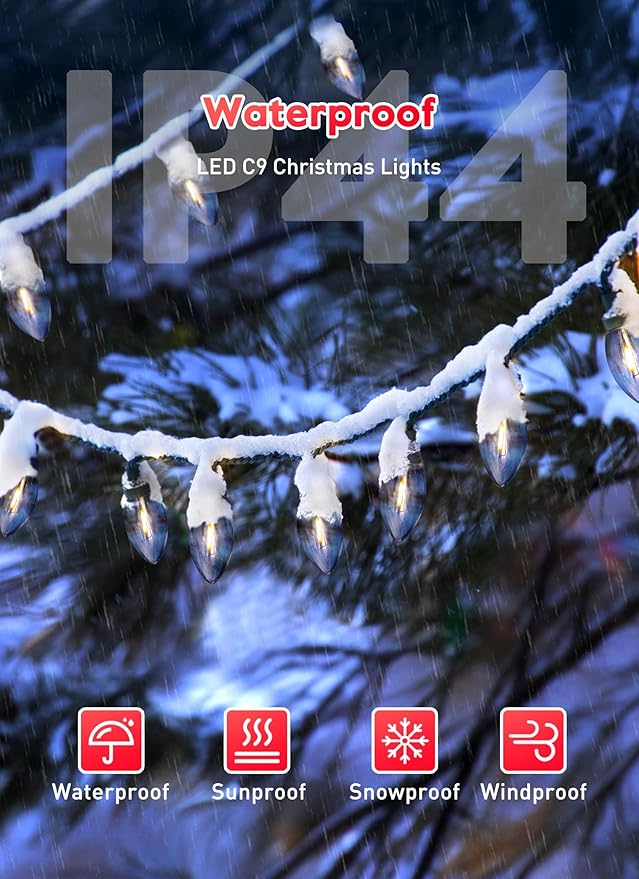 Vintage C9 Christmas Lights Outdoor, 150 Feet C9 String Lights with 150 LED C9 Plastic Bulbs, Waterproof Connectable Christmas Tree Lights for Roofline Garden Patio Backyard Cafe Decor, Warm White