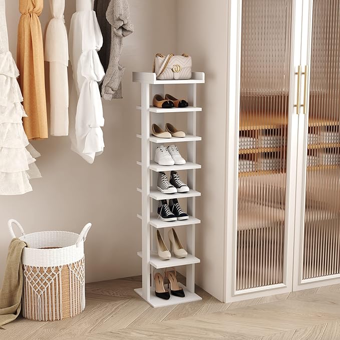 HOMEFORT 7-Tier Wood Shoe Rack, Entryway Shoe Tower,Vertical Shoe Organizer, Wooden Shoe Storage Stand, White