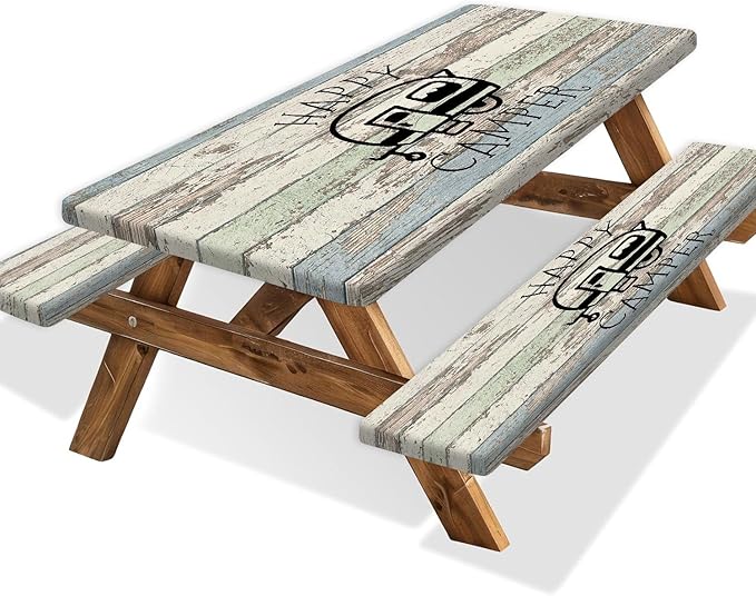 JAWO Picnic Table Covers with Bench Covers Camping Tablecloth 8FT for 8 Person Fitted Picnic Table Cover with Elastic Windproof Waterproof Fabric, Camping Accessories Patio & Outdoor, 3-PCS Set