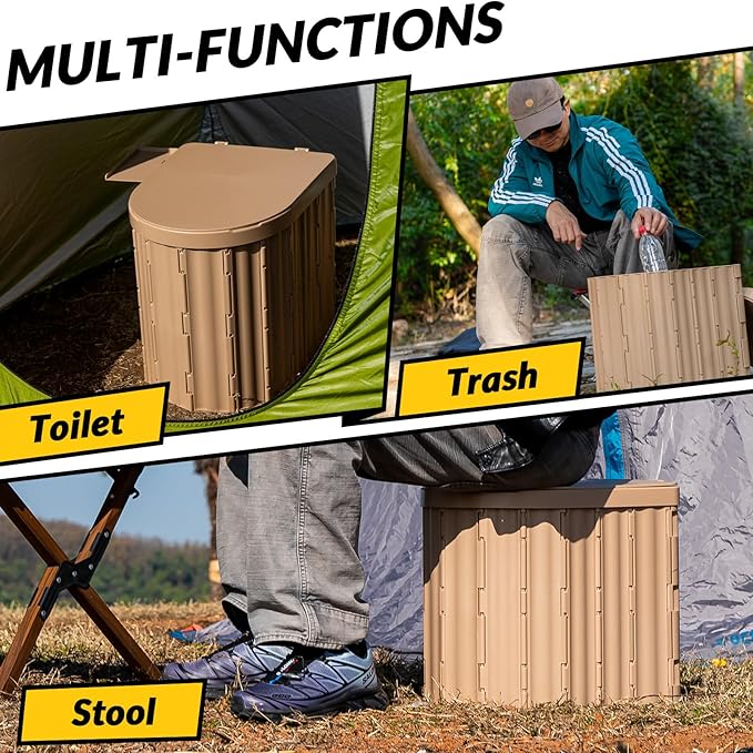 Portable Toilet, Upgraded 15'' Camping Toilet for Adults with Lid, Folding Toilet with Removable Paper Holder, Travel Portable Potty for Camping, Hiking, Roadtrip, Tent, Truck Drivers