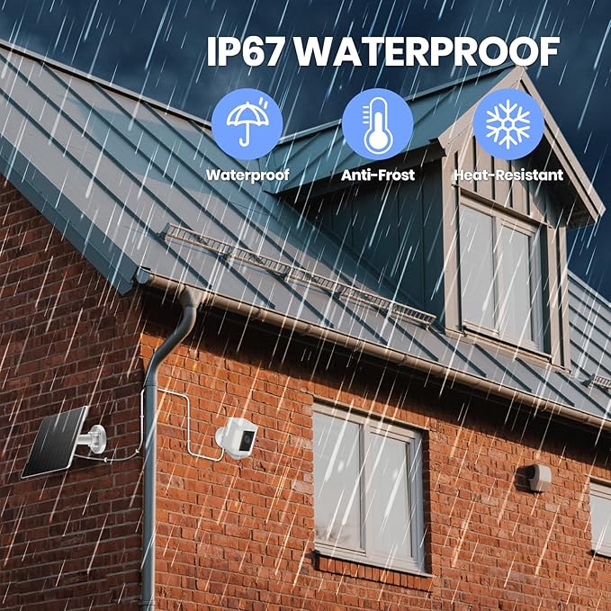 FlexSolar 6W Solar Panel for Security Cameras, IP67 Waterproof with 3 Output Ports (Type-C/Micro-USB/Lighting), 10ft Cable & 360° Adjustable Mount