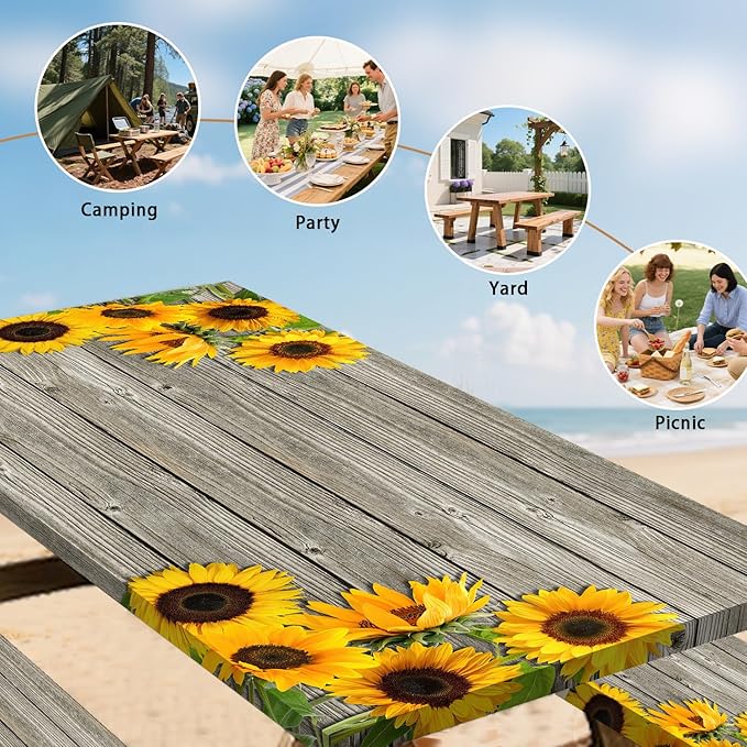 3 Pcs Sunflower Wooden Picnic Table Cover with Bench Covers,6Ft Rustic Sunflower Waterproof Fitted Picnic Table Cloths Retro Wood Texture Elastic Outdoor Picnic Tablecloth for Camping Patio Travel