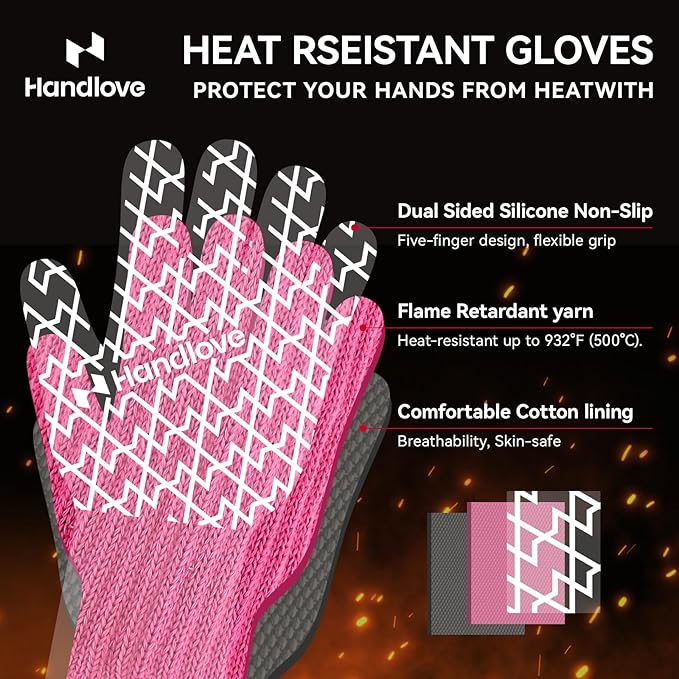 HandLove BBQ Gloves, Oven Gloves with Fingers – Heat Resistant Gloves for Grilling | Silicone Grip, Long Cuff Mitts - Kitchen & Outdoor Barbecue, Cooking, Baking, Pink L