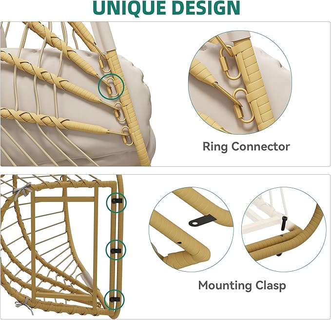 YITAHOME Hanging Egg Chair with Stand, Rattan Wicker Swing Egg Chair with Cushion, 370lbs Capacity, Foldable Hanging Basket Chair for Porch, Garden, Bedroom, Balcony - Beige