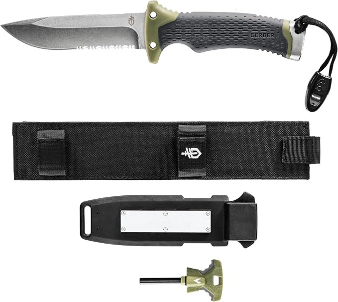 Gerber Gear Ultimate Survival Knife, Fixed Blade Knife with Combo Edge, includes Fire Starter Edge and Ferro Rod, Whistle, Sheath with Integrated Sharpener - Bushcraft, Hunting and Camping Tool