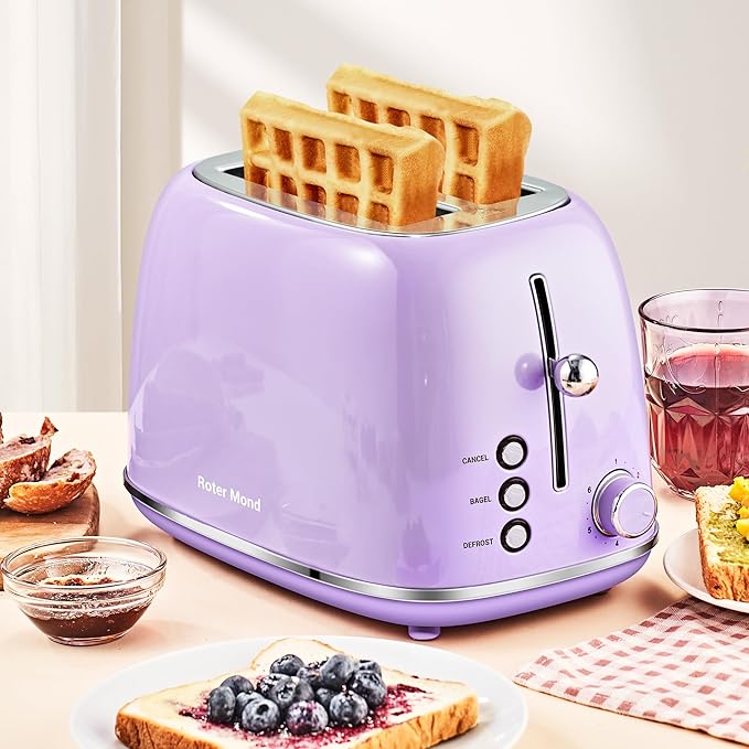 Roter Mond 2 Slice Toaster Retro Stainless Steel with Bagel, Cancel, and Defrost Functions, 6 Bread Shade Settings, Extra Wide Slots and Removable Crumb Tray, Lavender-Purple