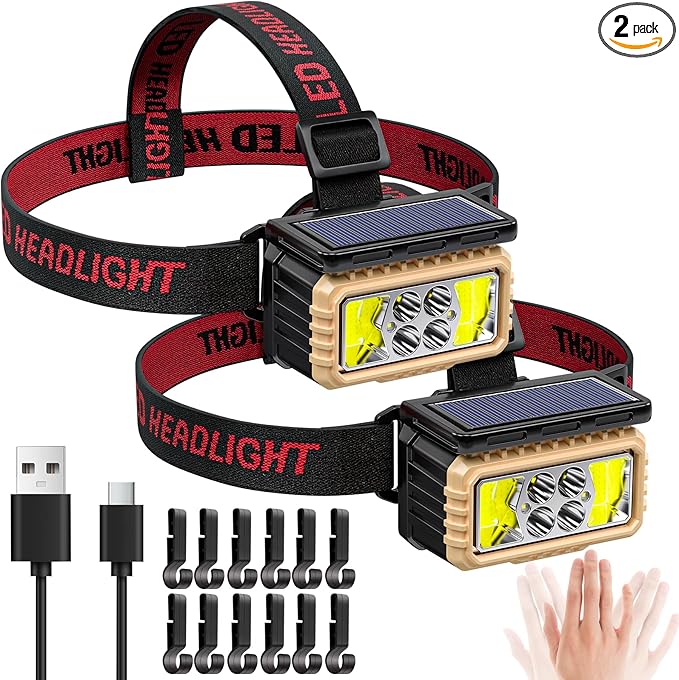 KERNOWO Solar Headlamp for Camping,Rechargeable LED Headlight for Adults with Motion Sensor, Six Adjustable Modes, Waterproof,Lightweight,Flashlight for Cycling,Hiking,Fishing,2-Pack,Black