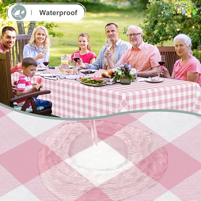 misaya Rectangle Waterproof Vinyl Table Cloth, Buffalo Flannel Backed Tablecloth, Wipeable Plastic Table Cover for Dinner, Kitchen, Outdoor (54" x 78", Pink and White)
