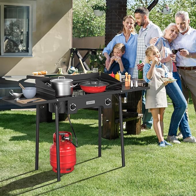 ROVSUN 2 Burner Outdoor Propane Gas Stove with Regulator, Windpanel, Bag & Side Shelves, 150,000 BTU Powerful Stand Cooker for Backyard Cooking Camping Home Brewing Canning Turkey Frying