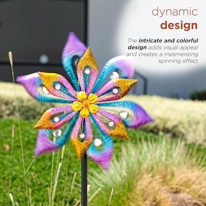 Alpine Corporation SLL2338 Metal Layered Floral Wind Spinner Garden Stake, Colorful Decor for Garden, Patio, & Lawn, 54" H