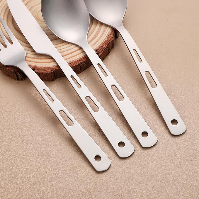 Titanium 4-Piece Silverware Set - Lightweight, Eco-Friendly Camping & Backpacking Cutlery (Knife, Fork, Spoon, Salad Spoon) with Carrying Bag for Outdoor Travel, Hiking & Picnic