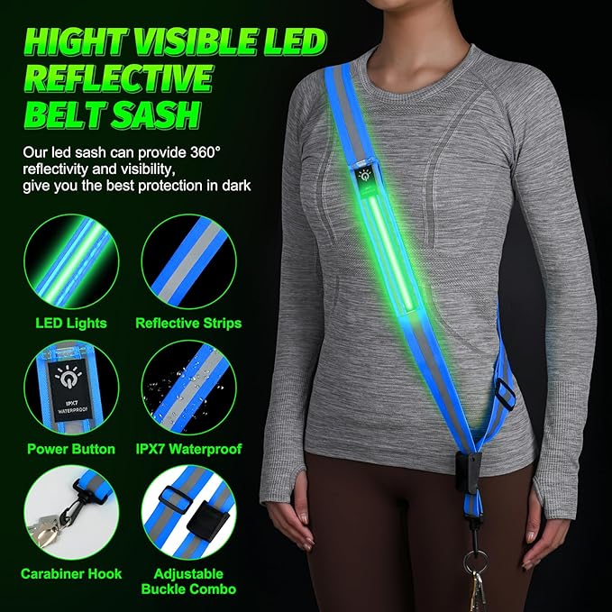 LED Running Gear High Visibility Reflective Belt Sash, Adjustable Night Walking Safety Gear, Rechargeable Light Up Running Reflective Belt for Runners Walkers Men Women