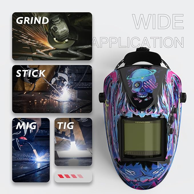 YESWELDER Large View Auto Darkening Welding Helmet, Blue Light Blocking, 1/1/1/1 True Color Solar Powered Welder Hood Mask with 4 Arc Sensors, Wide Shade 3/5-9/9-13 for TIG MIG ARC Cut and Grind