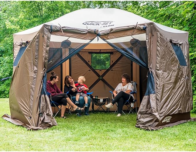 CLAM Pop Up Screen Tent, Outdoor Camping Gazebo Canopy, Pavilion, 12.5', Brown - Heavy-Duty Portable Screened Shelter with Netting for Beach, Patio, and Backyard