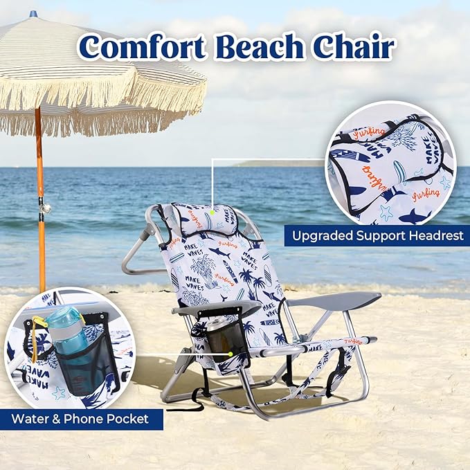 2 Pack Lightweight Portable Camping Beach Chair for Adults, Outdoor Lay Flat Folding Chairs, Backpack Chair with Towel Bar, Cooler Pouch, Cup Holder, White Geometry