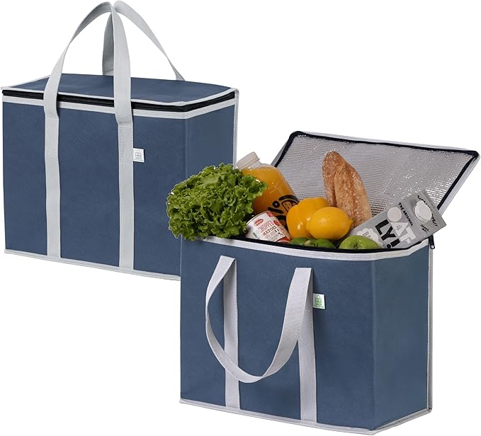 VENO 2 Pack Cooler Bag and Insulated Grocery Bags for Food Delivery, Collapsible Cooler, Reusable Shopping Bags for Groceries with Zipper, Foldable, Heavy-Duty, Stands Upright (Dark Blue, 2 Pack)