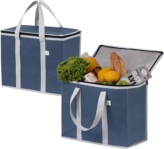 VENO 2 Pack Cooler Bag and Insulated Grocery Bags for Food Delivery, Collapsible Cooler, Reusable Shopping Bags for Groceries with Zipper, Foldable, Heavy-Duty, Stands Upright (Dark Blue, 2 Pack)