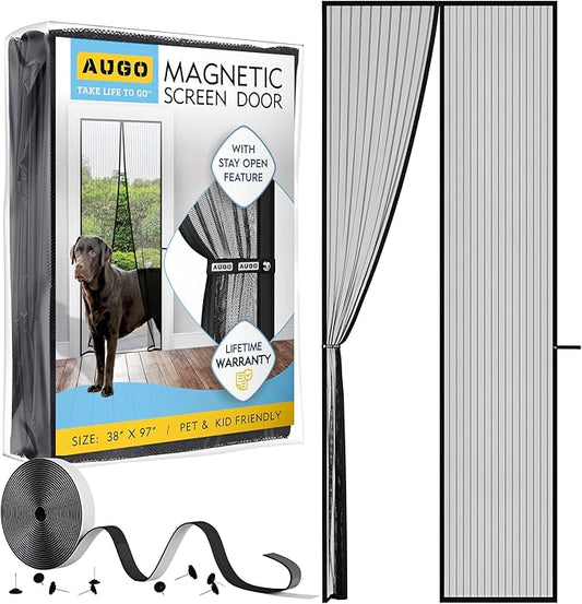 AUGO Magnetic Screen Door - Self Sealing, Heavy Duty, Hands Free Mesh Partition Keeps Bugs Out - Pet and Kid Friendly - Patent Pending Keep Open Feature - 38 Inch x 97 Inch