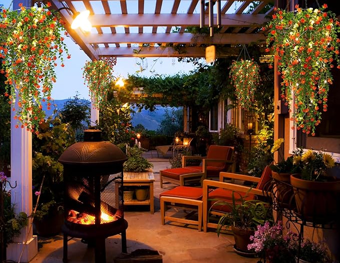 RECUTMS Artificial Plant, 3 Pack Hanging Plants with 30 LED Lights, 11.5in Eucalyptus, Orange Red, Indoor Outdoor Decoration