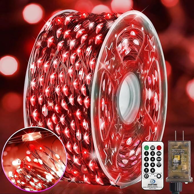 KNONEW 203FT Outdoor Christmas Fairy Lights Plug in,600 LED String Lights Outdoor Waterproof 8 Modes Memory Times for Wedding Bedroom Walls Garden Trees Decoration(red)