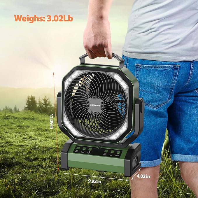 MORECORE 20000mAh Rechargeable Camping Fan with Light, 112HRS Running, 8-Speed, Auto Oscillating, Timer, LED Digital Display, 270°Pivot with Hook for Tent RV Emergency Garage-Army Green