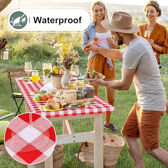 misaya Buffalo Rectangle Picnic Tablecloth, 4 Foot Elastic Fitted Vinyl Table Cloth with Flannel Backing, Waterproof Plaid Table Covers for Dining, Camping, Outdoor (Red and White, 24" x 48")