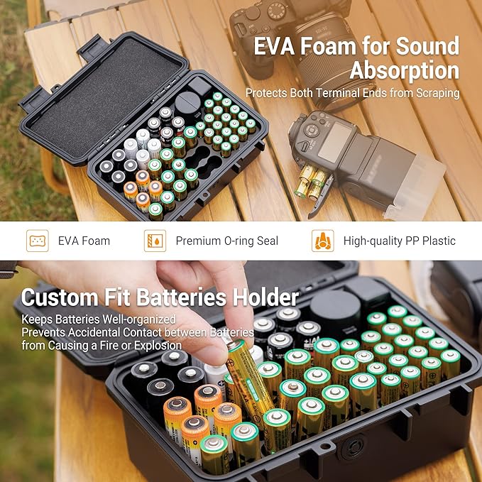 KIWIFOTOS 58 Slots AA AAA CR2032 Battery Case Holder with Tester, IP67 Waterproof Outdoor Batteries Storage Organizer Container with 3V CR2032 Button Battery Holder