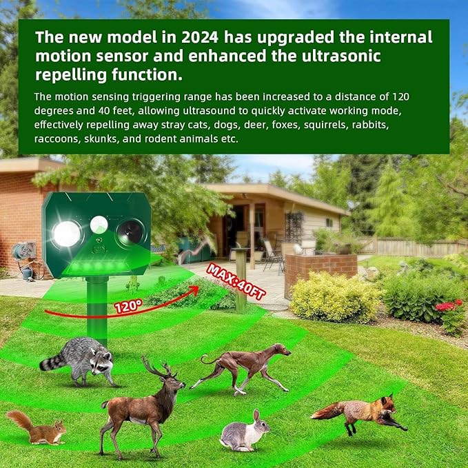 2025 Solar Ultrasonic Raccoon Squirrel Deer Repellent Rabbit Deterrent Animal Repeller Sonic Fortress Pro with Flash Light Motion Sensor to Keep Cat Dog Fox Skunk Out of Garden Yard(2Pack)