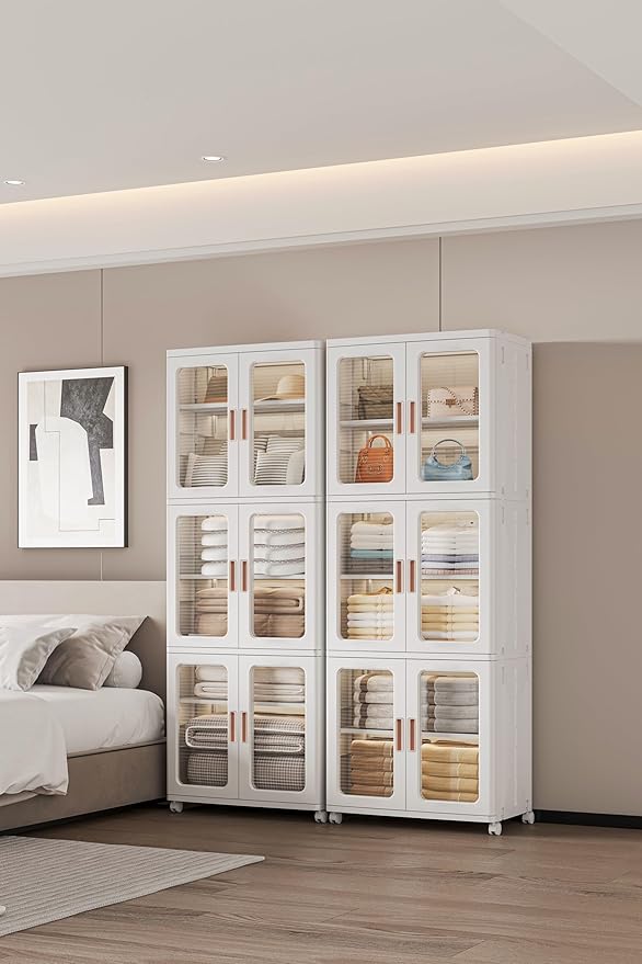 Storage Bins with Lids and Doors Storage Cabinet with Wheels Plastic Stackable Pantry Cabinet Cupboard Closet Foldable Kitchen Collapsible Storage Bins for Book Snack and Bathroom Organizer