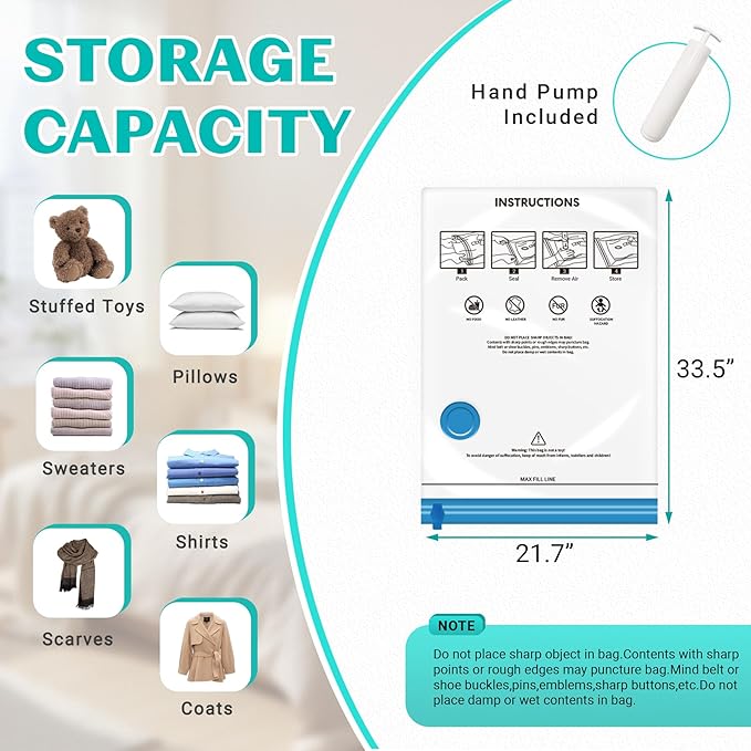 10 Pack Large Space Saver Vacuum Storage Bags Large Seal Bags for Bedding Compression Bags for Travel Comforters Blankets Bedding Pillows Luggage Hand Pump Included