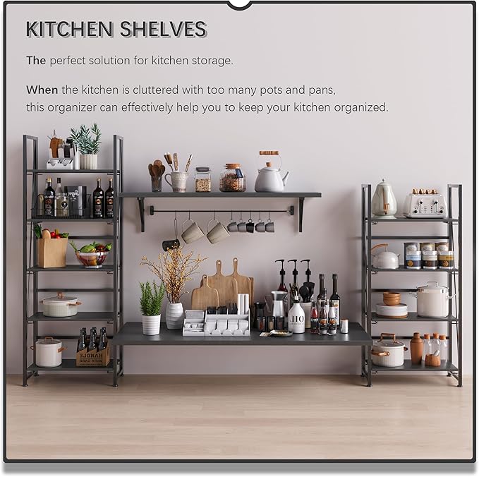 4NM No Assembly Folding Bookshelf, 5-Shelf 62.2" H Collapsible Foldable Bookcase Storage for Small Spaces, All Black